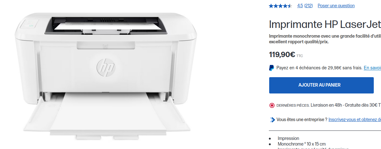 Brand new HP Black & White Laser Printer, 119,90€ with taxes included, on HP's website