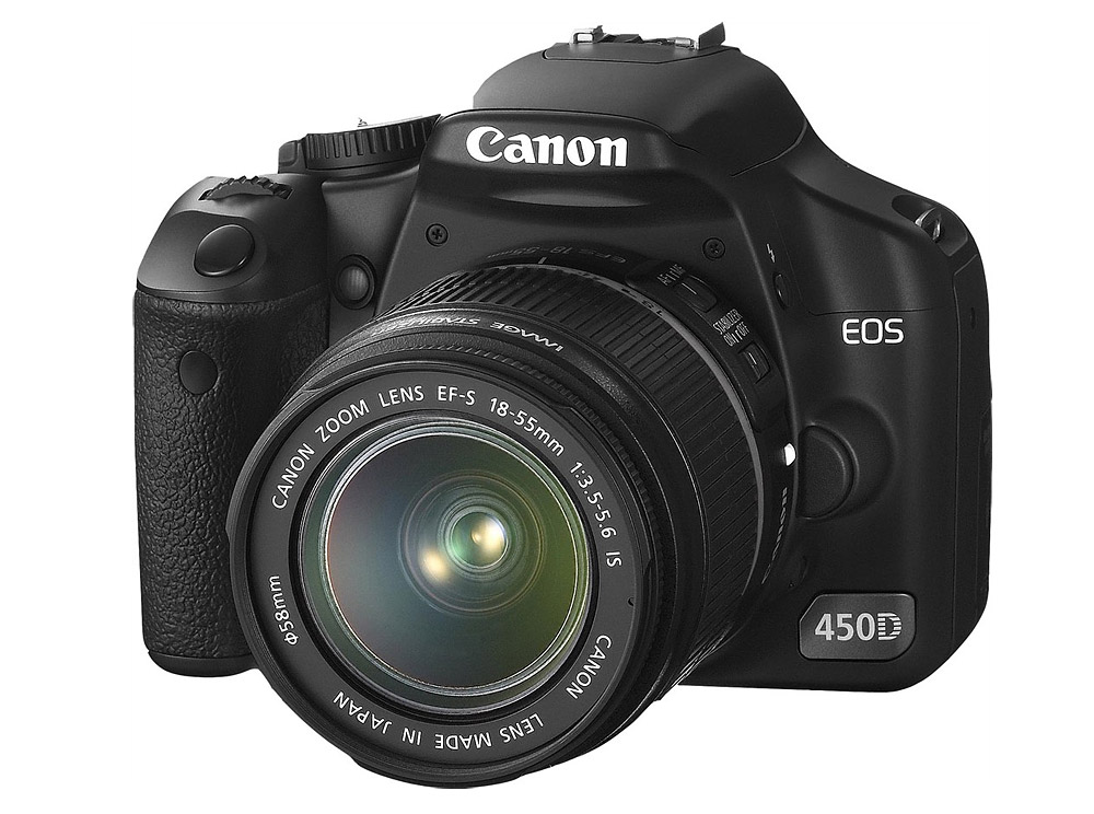 A Canon 450D, black with leather details